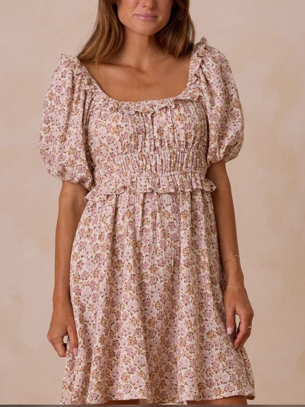 Rylee + Cru Cotton Floral Puff-Sleeve Smocked Mini Dress in Blush